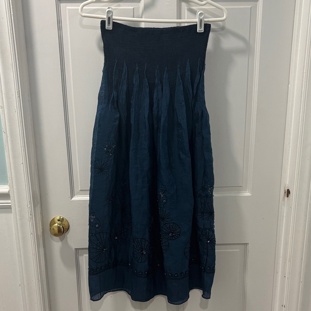 Lapis Smocked Strapless Midi Dress Convertible Skirt Beaded Dk Blue OSFA - Picture 1 of 6